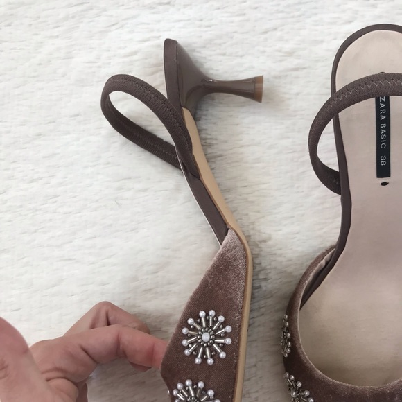 Zara Velvet Beaded Pearl Embellished Slingbacks - Picture 4 of 8